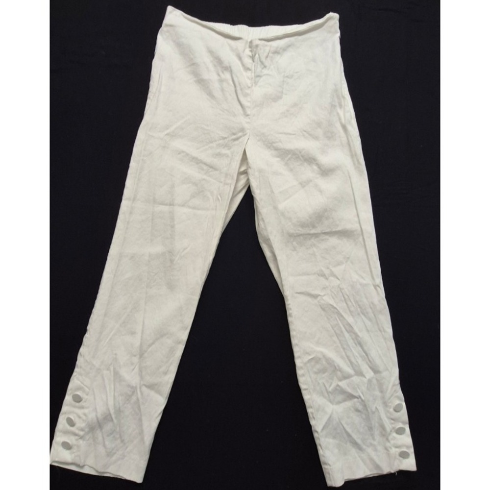J Jill women's white linen stretch‎ pants Med button hem side closure elastic